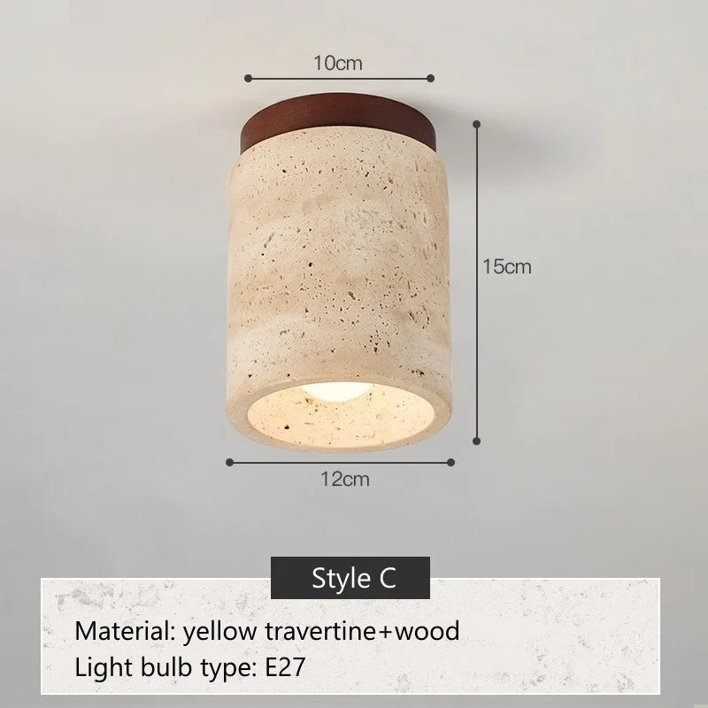 Wabi-Sabi Travertine Ceiling Lamp — Natural Stone & Wood Fixture