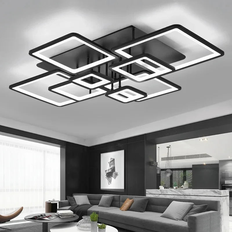 Black grid LED ceiling light — side angle