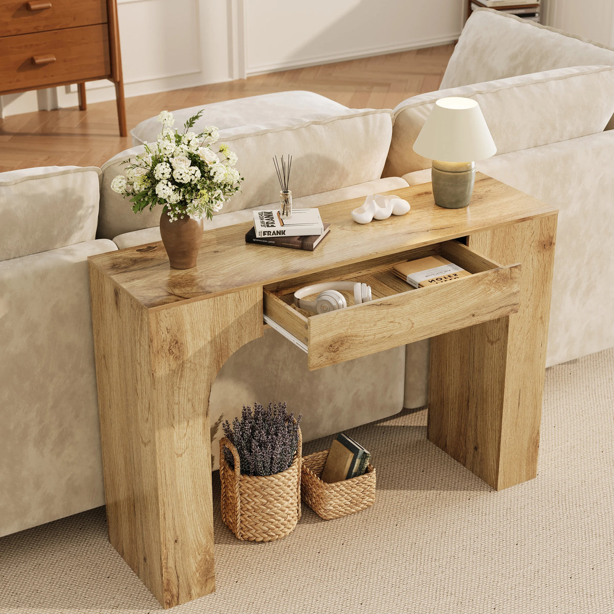 Wooden console table with drawer and industrial farmhouse styling