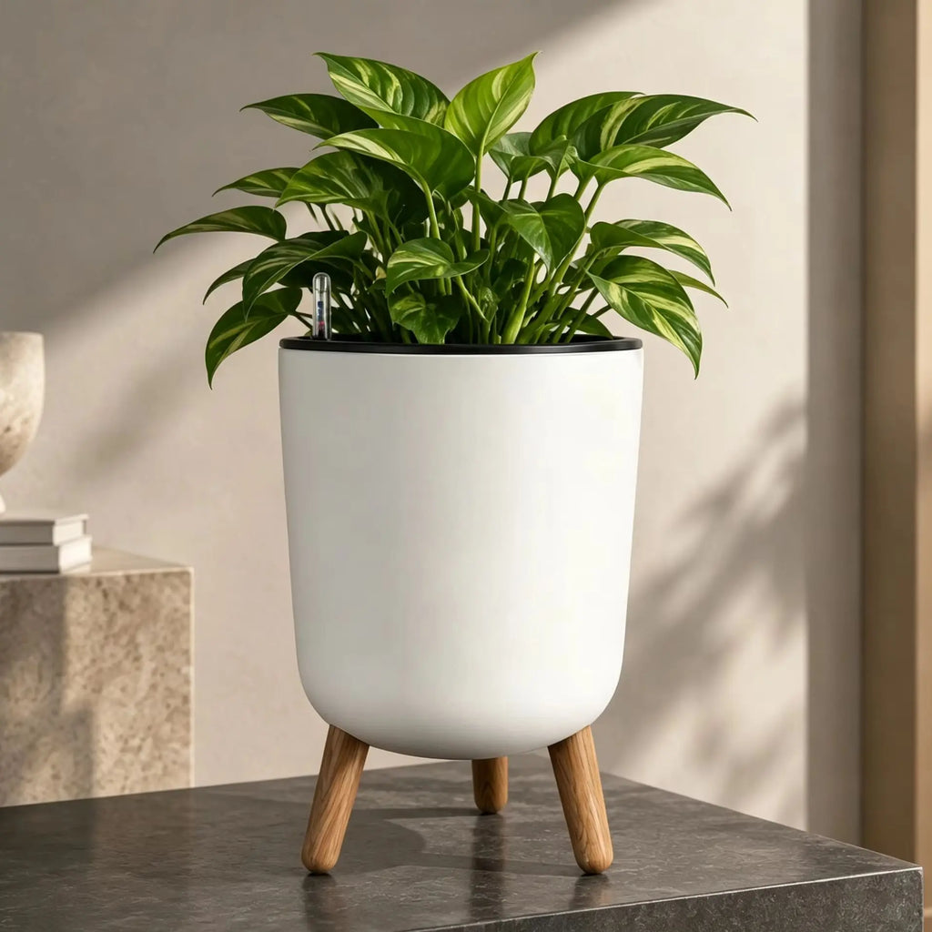 Self-Watering Floor Planter with Stand — White, Water Level Gauge