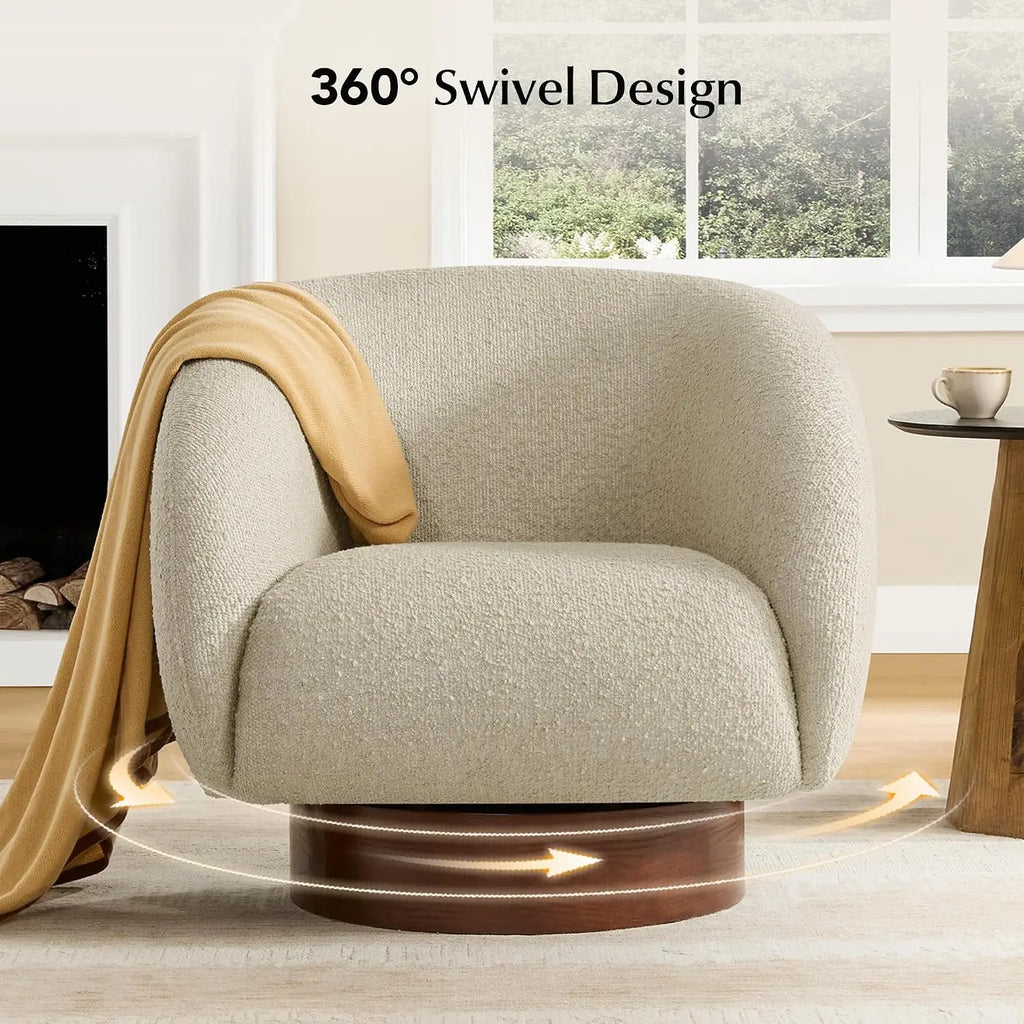 Oatmeal Boucle Swivel Accent Chair — Wood Base Armchair