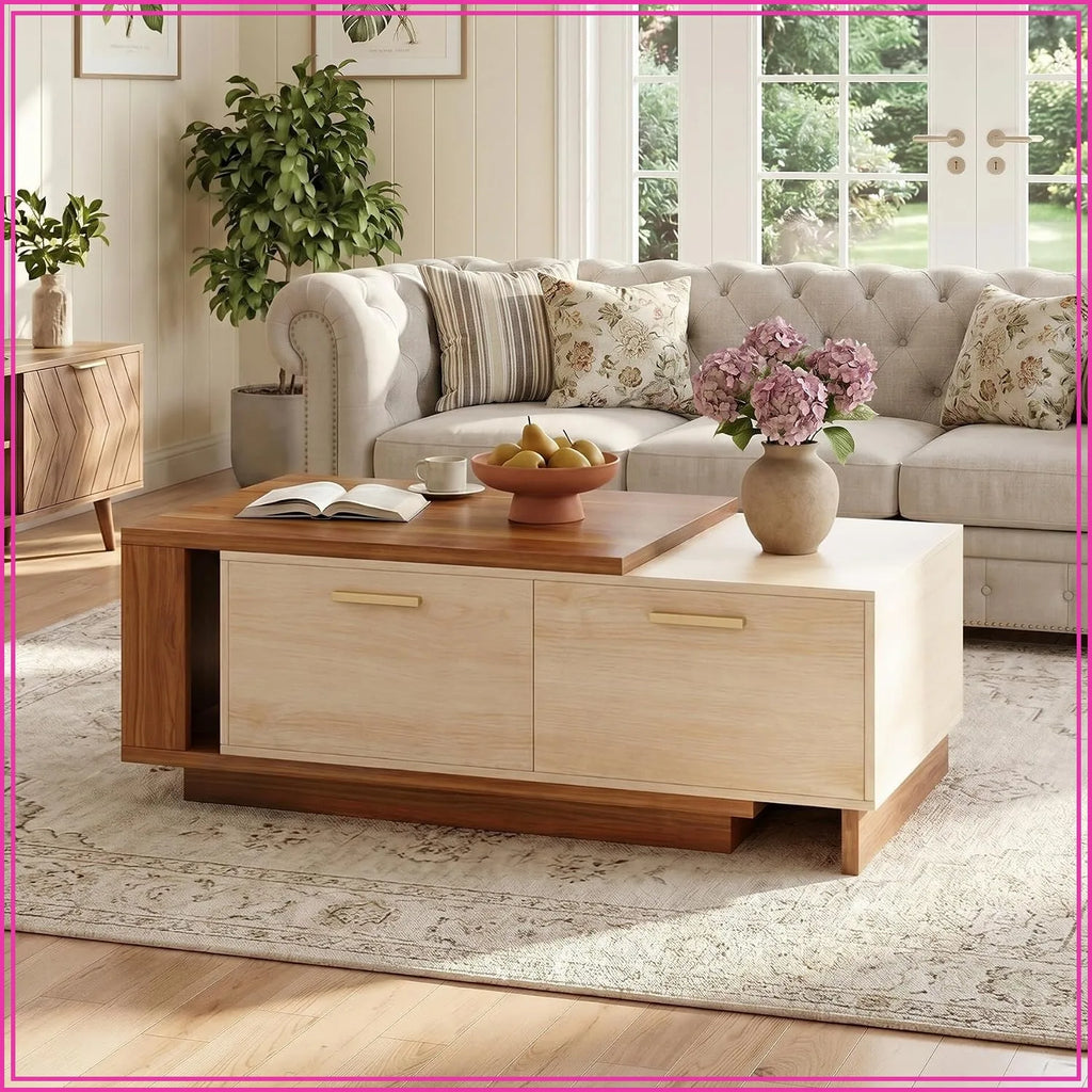 Extendable two-tone coffee table with sliding top and drawers