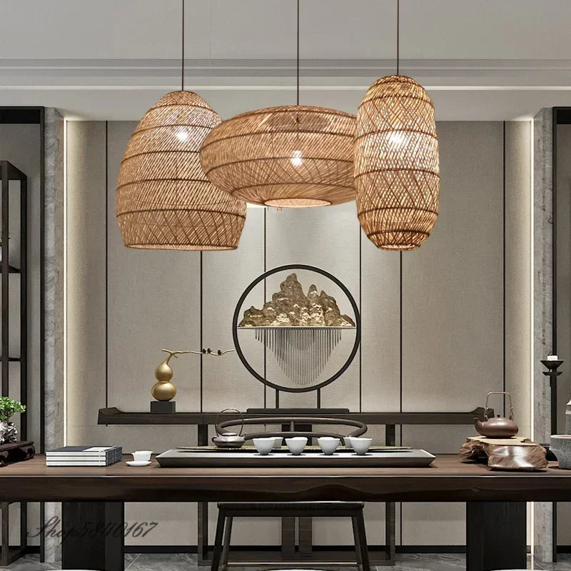Natural Rattan Lamp Pendant Light New Chinese Style Hand-woven Pendant Light for Living Room Hanging Luminaire Room Decor Light — close-up detail