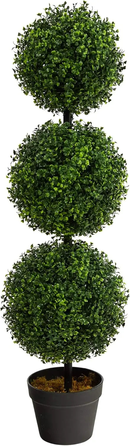 Artificial Triple Ball Boxwood Topiary — 36in, Black Planter