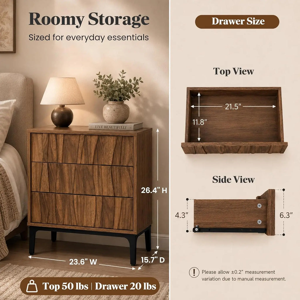 Mid-Century Walnut Nightstand Set of 2, Wave-Front