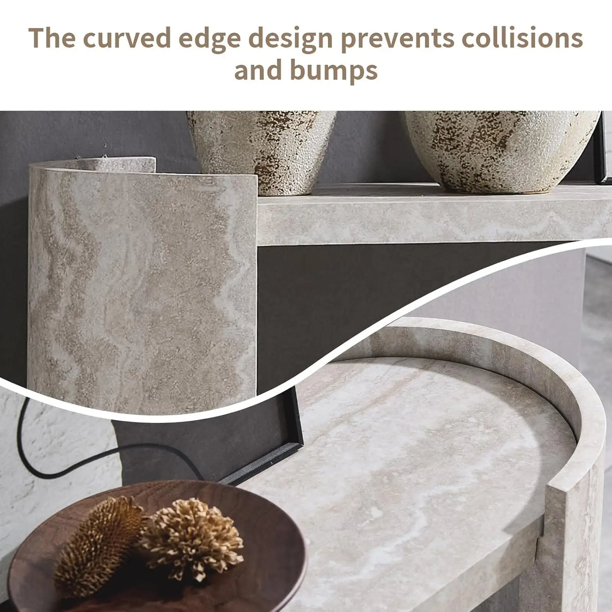 Faux marble console table with wood base and open shelf