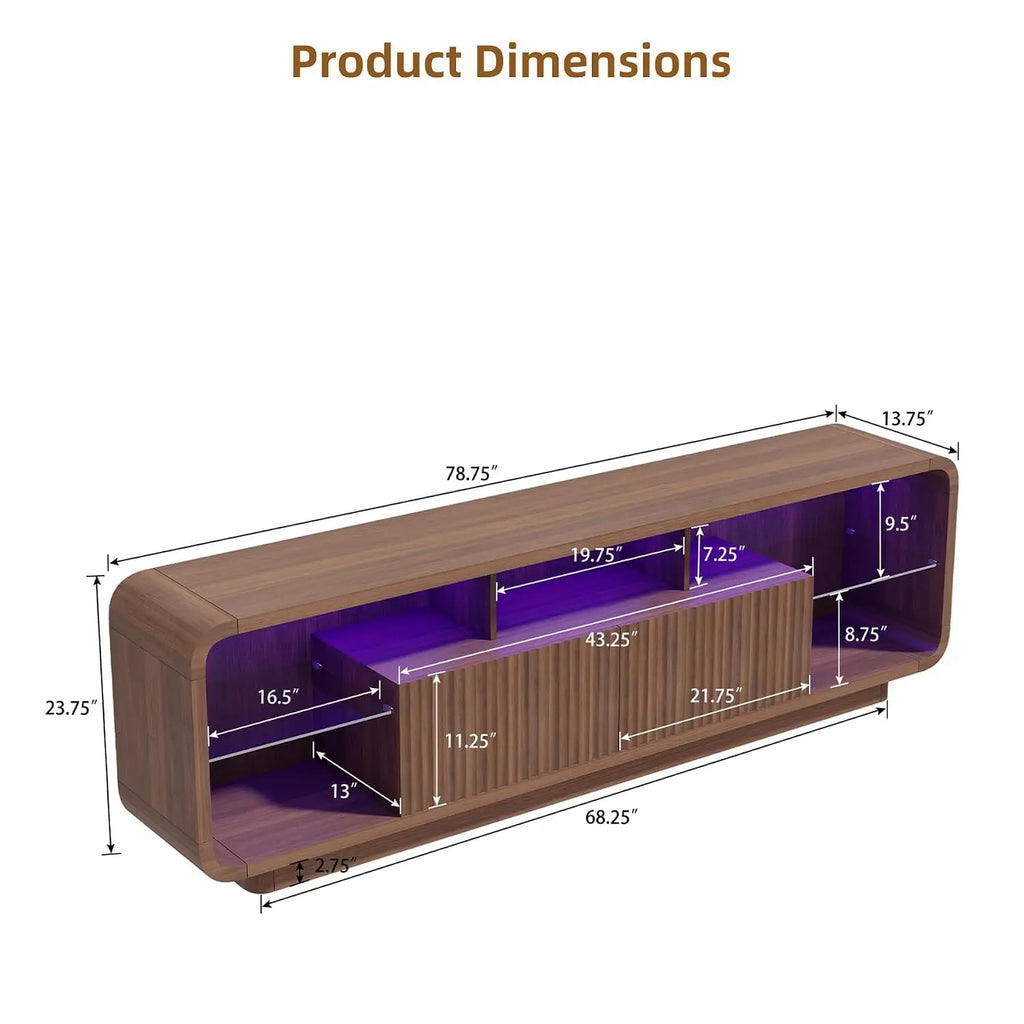 Fluted TV stand with LED lighting in walnut finish