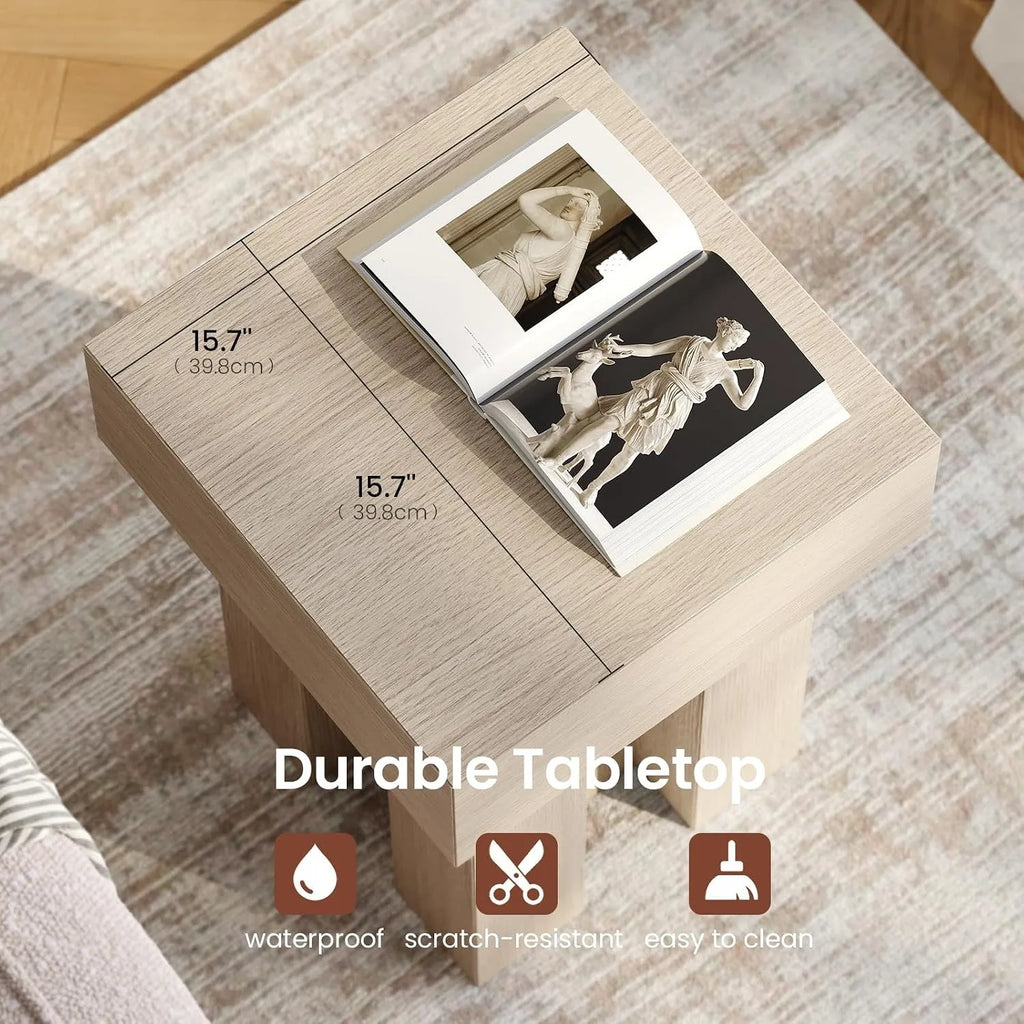Square pedestal wood end table in modern oak design