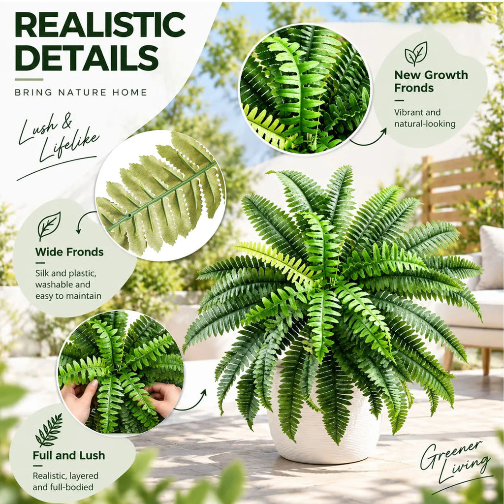 2 Pack Artificial Boston Fern, 39 Fronds UV Resistant Fake Fern Plant, Faux Greenery for Front Porch Patio Indoor Outdoor Home Garden Decor-Pot Not Included — image 11