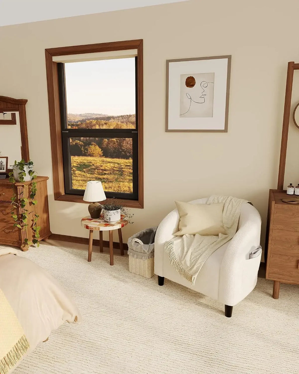 Beige boucle barrel accent chair — side angle
