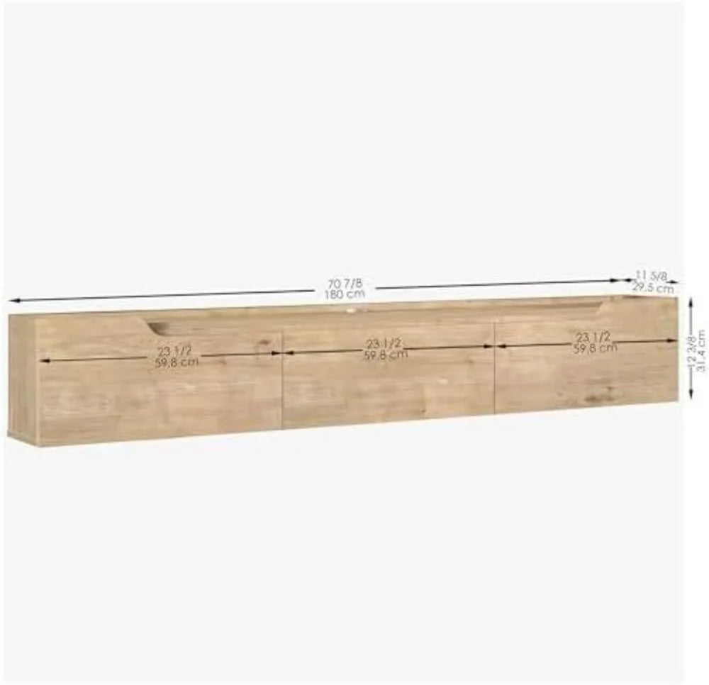 Floating wall-mounted TV stand with cable management in oak and white