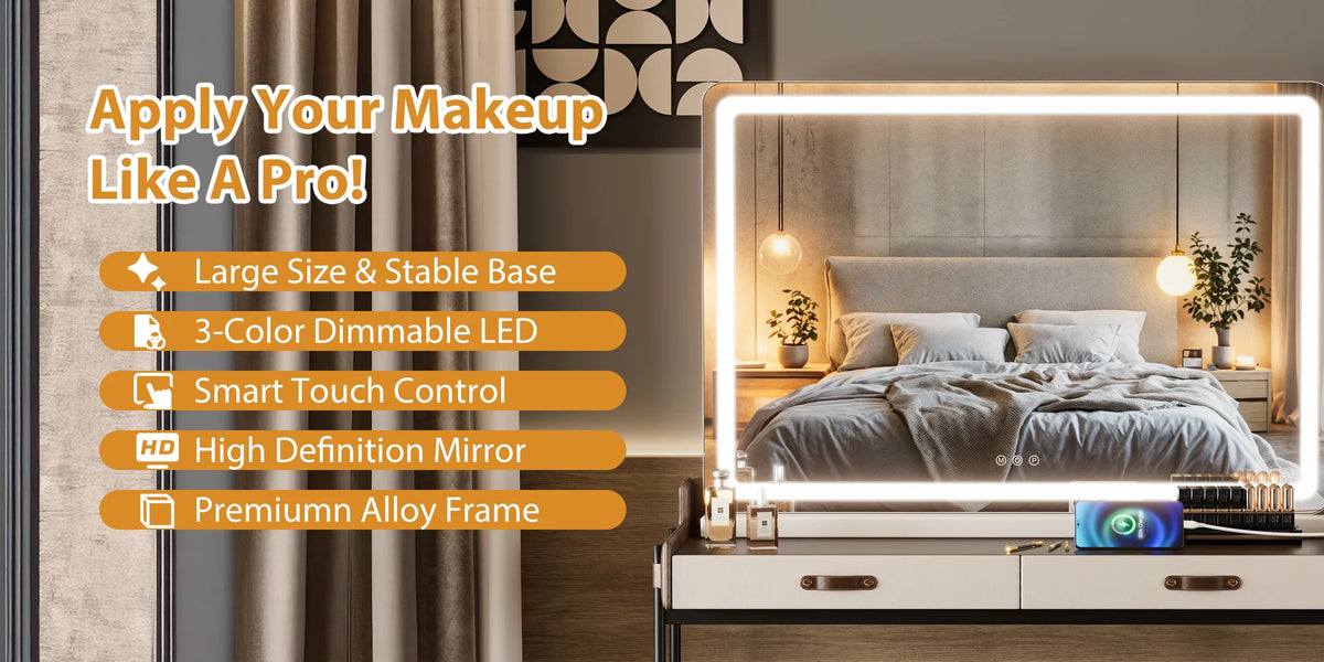 LED vanity mirror with aluminum frame — close-up product view