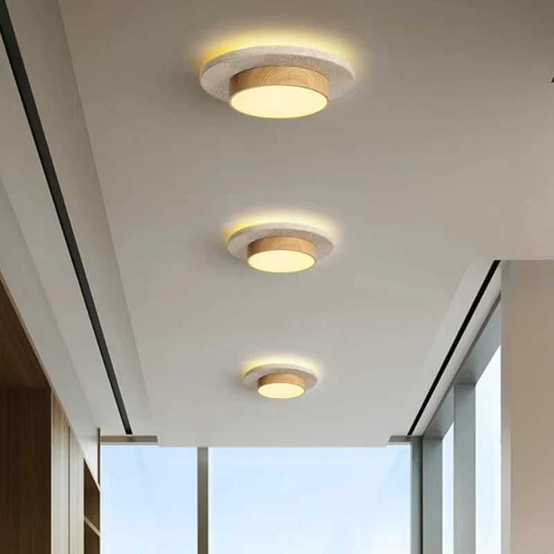 Retro Bedroom Ceiling Light Circular Stone LED Ceiling Lamp Walnut/wooden Balcony Hallway Living Room Indoor Light — detail view