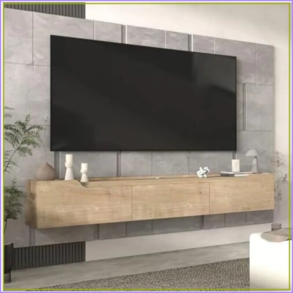 Floating wall-mounted TV stand with cable management in oak and white