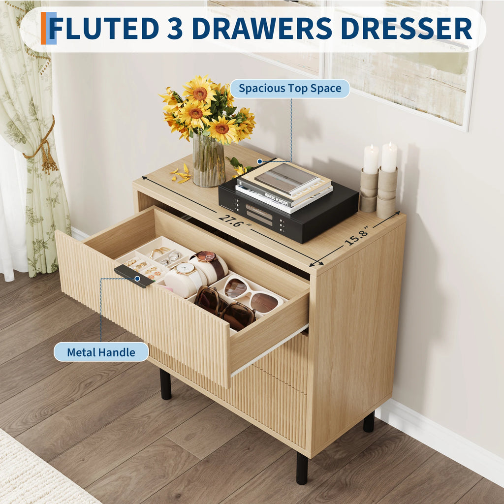 Fluted 3-Drawer Dresser — Modern Wood Bedroom Chest