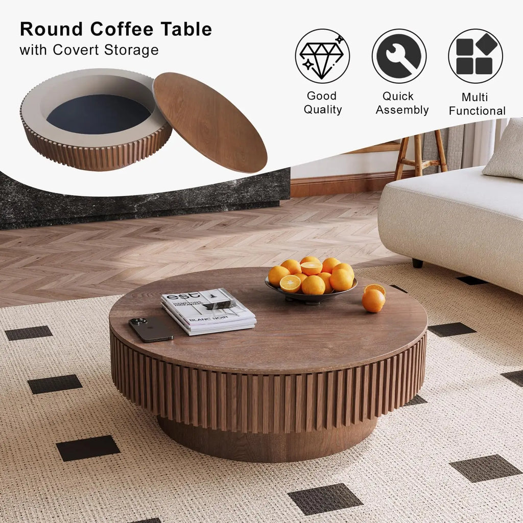 Round Storage Coffee Table - Modern Walnut