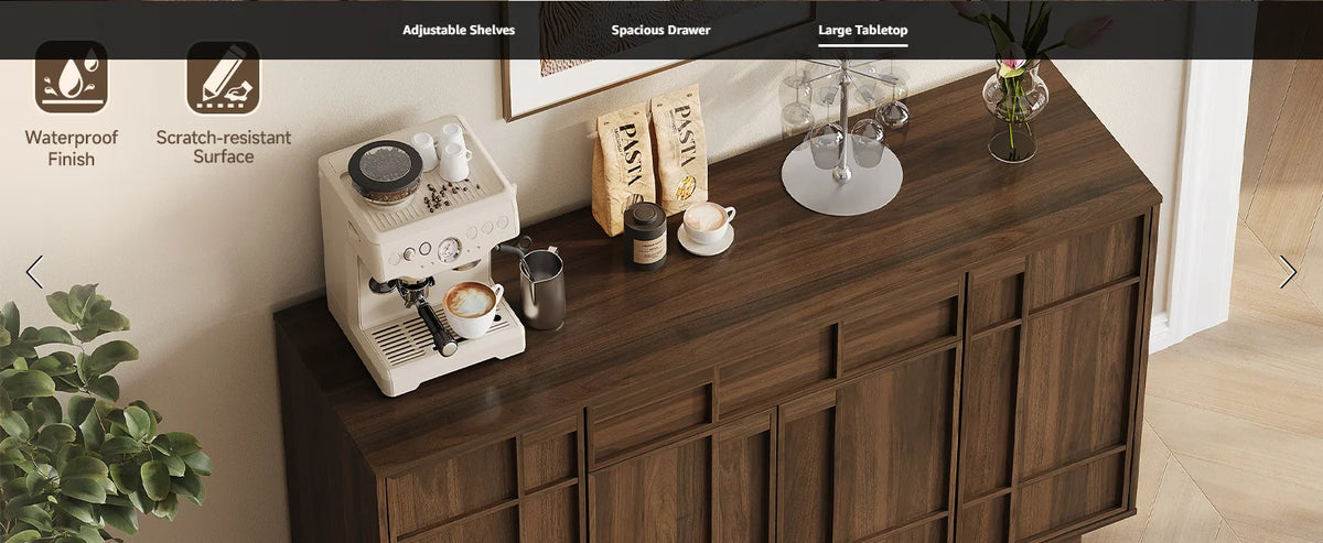 ONBRILL 55" Walnut Sideboard Buffet Cabinet with LED Lights