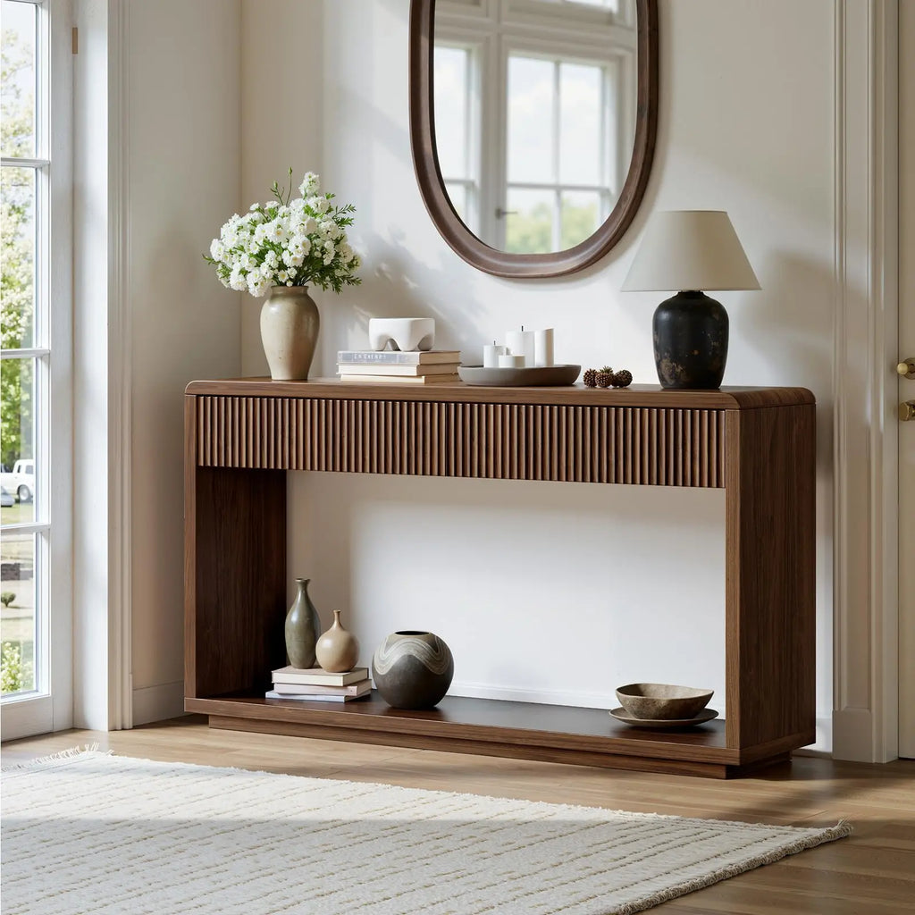 Oak Console Table with Drawers — 59"