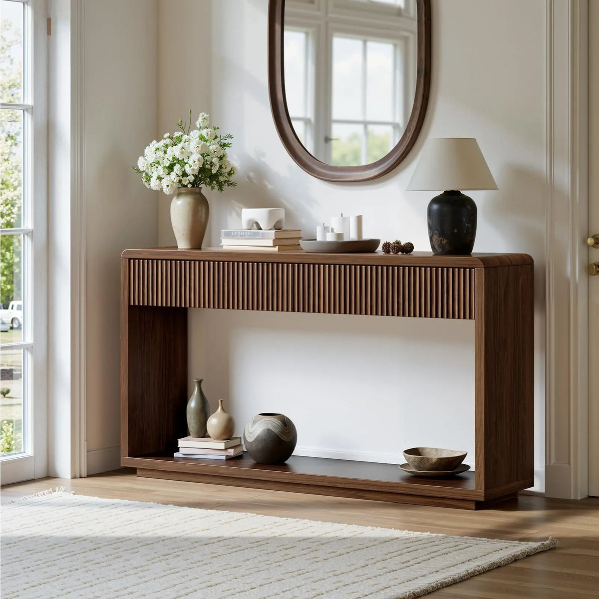 Oak Console Table with Drawers — 59"