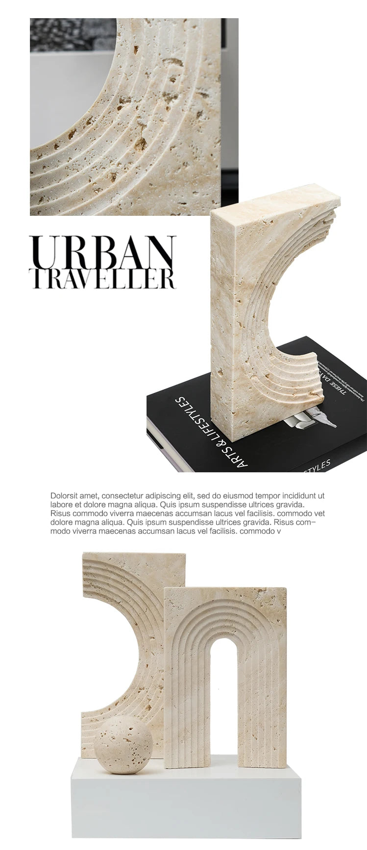 Natural Travertine Stone Archway Ornament — Beige, Antique Finish