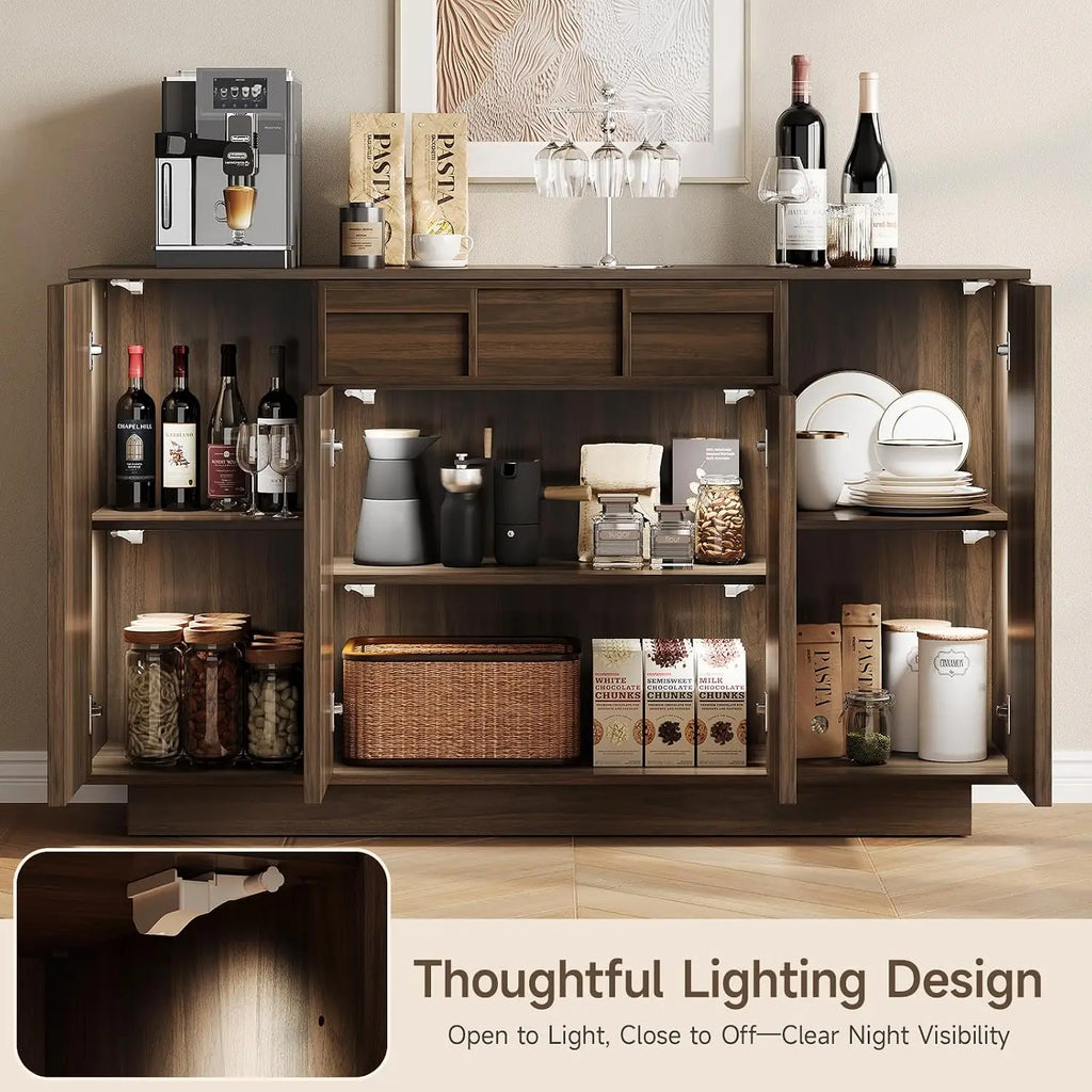 ONBRILL 55" Walnut Sideboard Buffet Cabinet with LED Lights