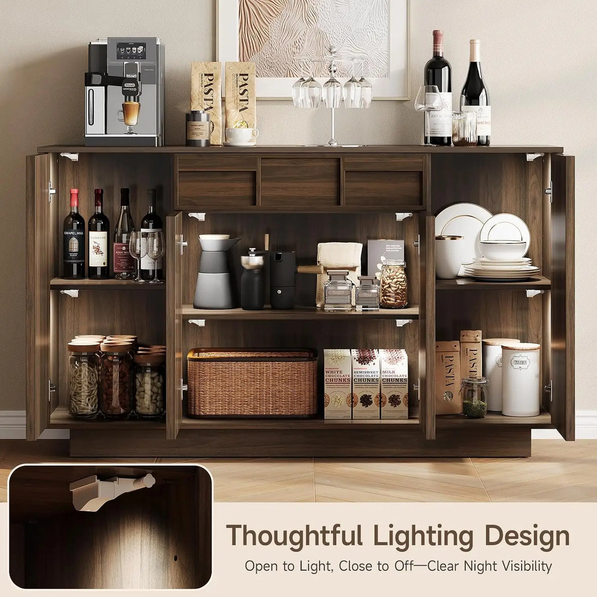 ONBRILL 55" Walnut Sideboard Buffet Cabinet with LED Lights