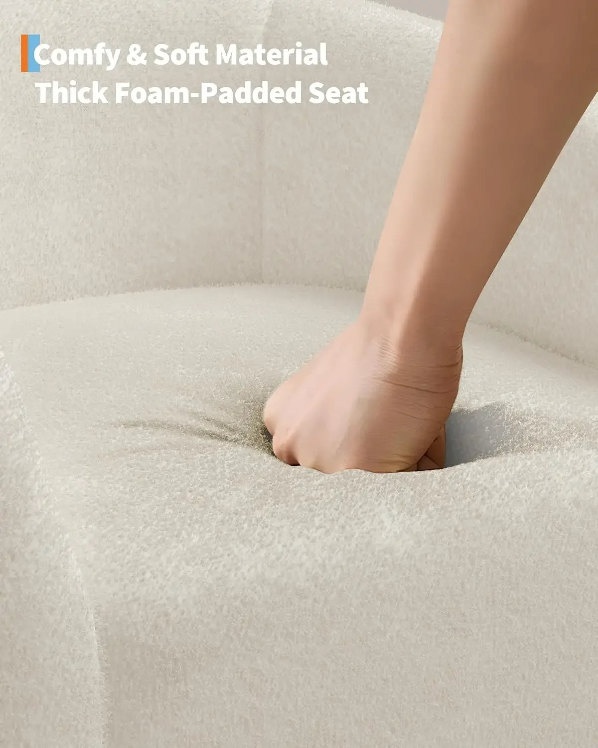 Beige boucle barrel accent chair — design detail view