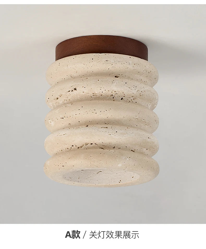 Wabi-Sabi Travertine Ceiling Lamp — Natural Stone & Wood Fixture