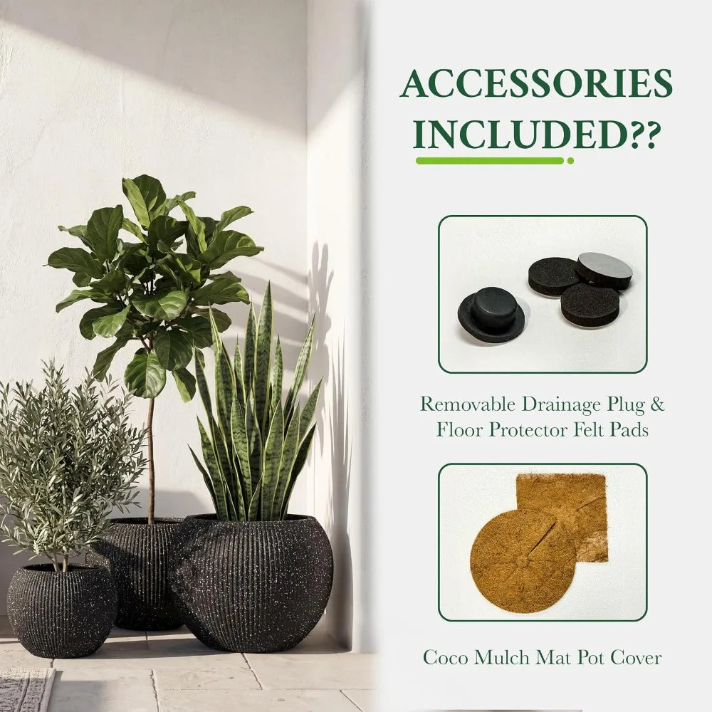 Fiberstone Sphere Planter — 12.6in D x 10in H, Ribbed Black