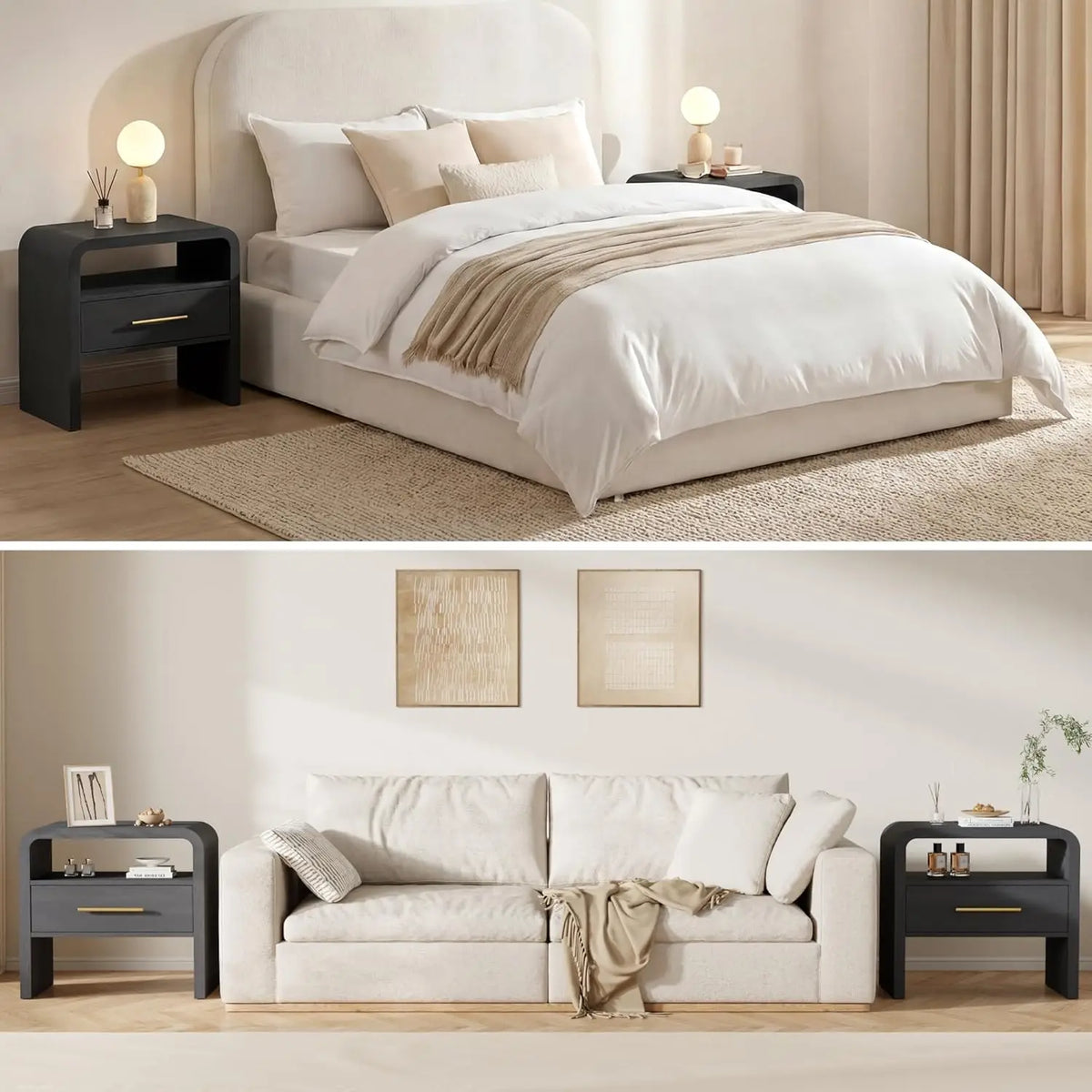 Curved Nightstand Set of 2 with Charging Station, 24"