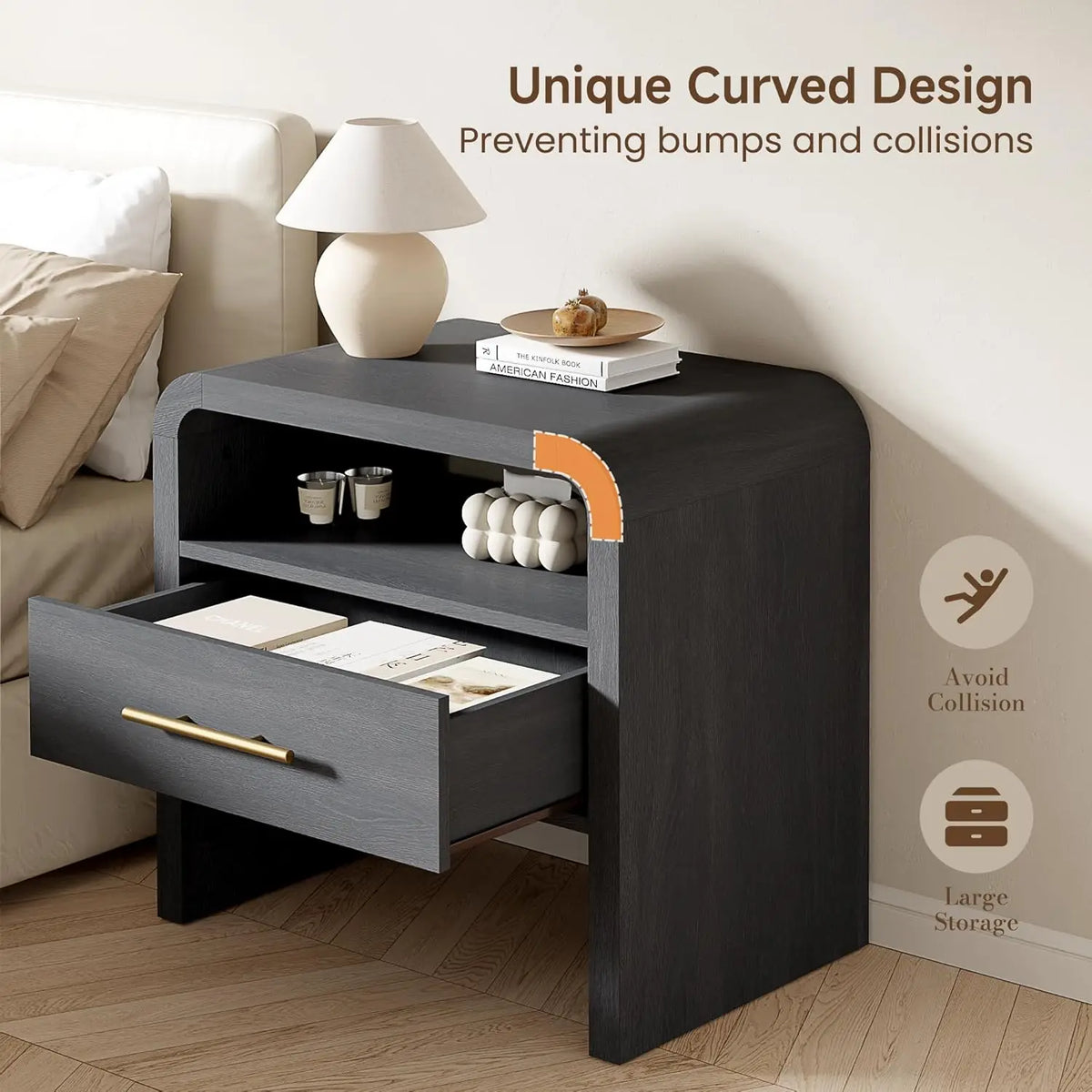 Curved Nightstand Set of 2 with Charging Station, 24"