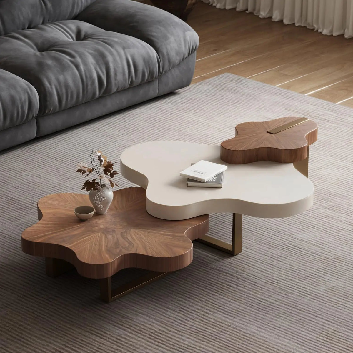 Modern Cloud-Shaped 3-Piece Nested Coffee Table — Walnut