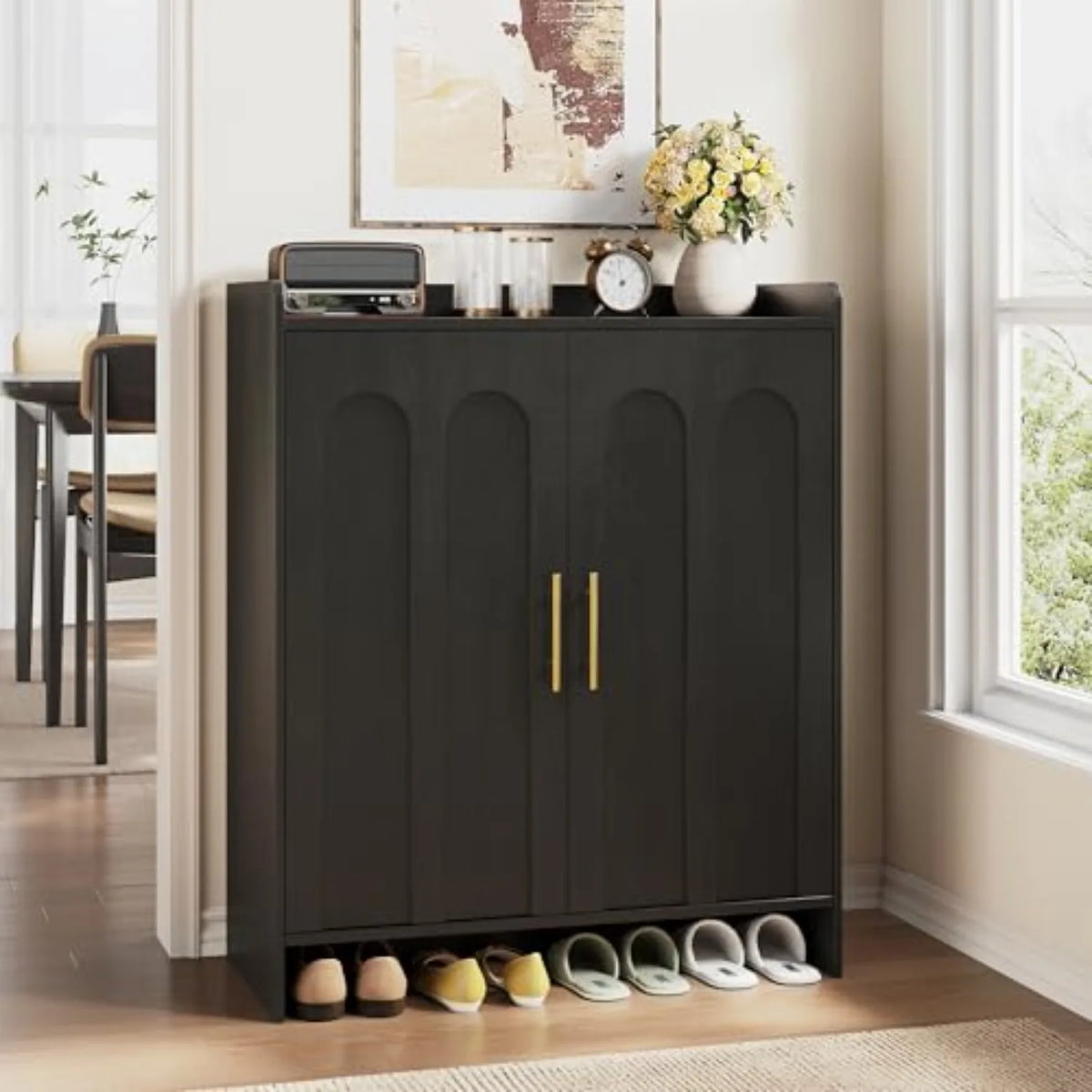 38" Tall Shoe Storage Cabinet with Arched Doors — Gold Handles