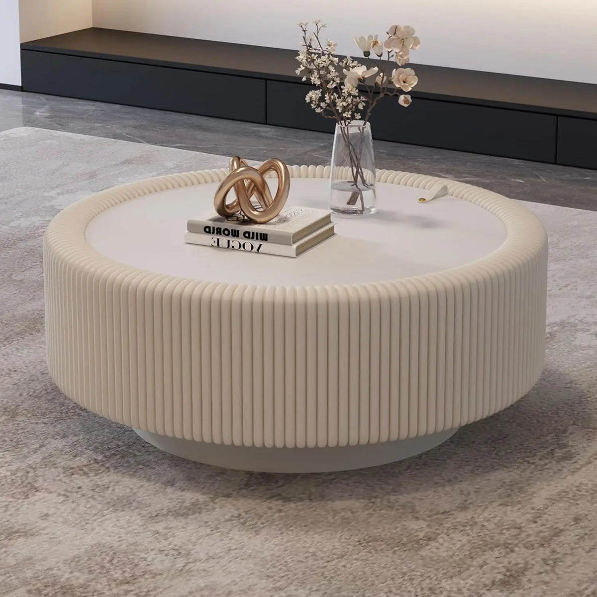 Round fluted coffee table with glass top and hidden storage