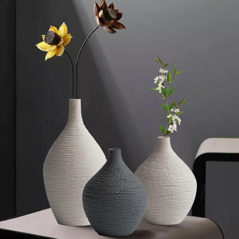 Narrow-Mouth Nordic Ceramic Vase — Beige & Grey