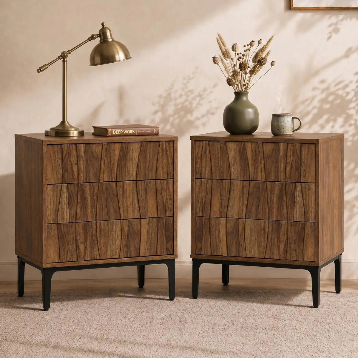 Mid-Century Walnut Nightstand Set of 2, Wave-Front