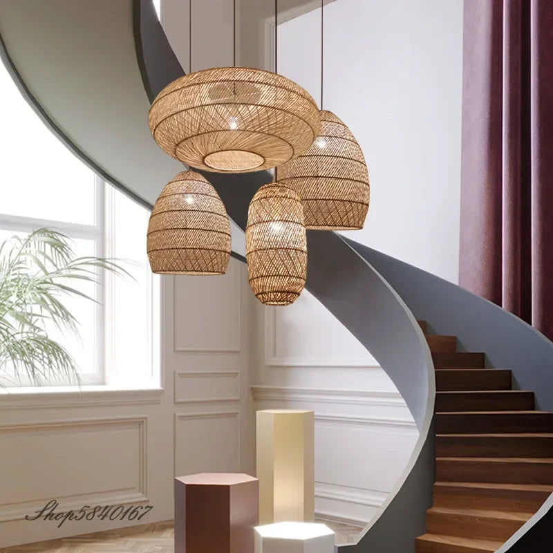 Natural Rattan Lamp Pendant Light New Chinese Style Hand-woven Pendant Light for Living Room Hanging Luminaire Room Decor Light — detail view