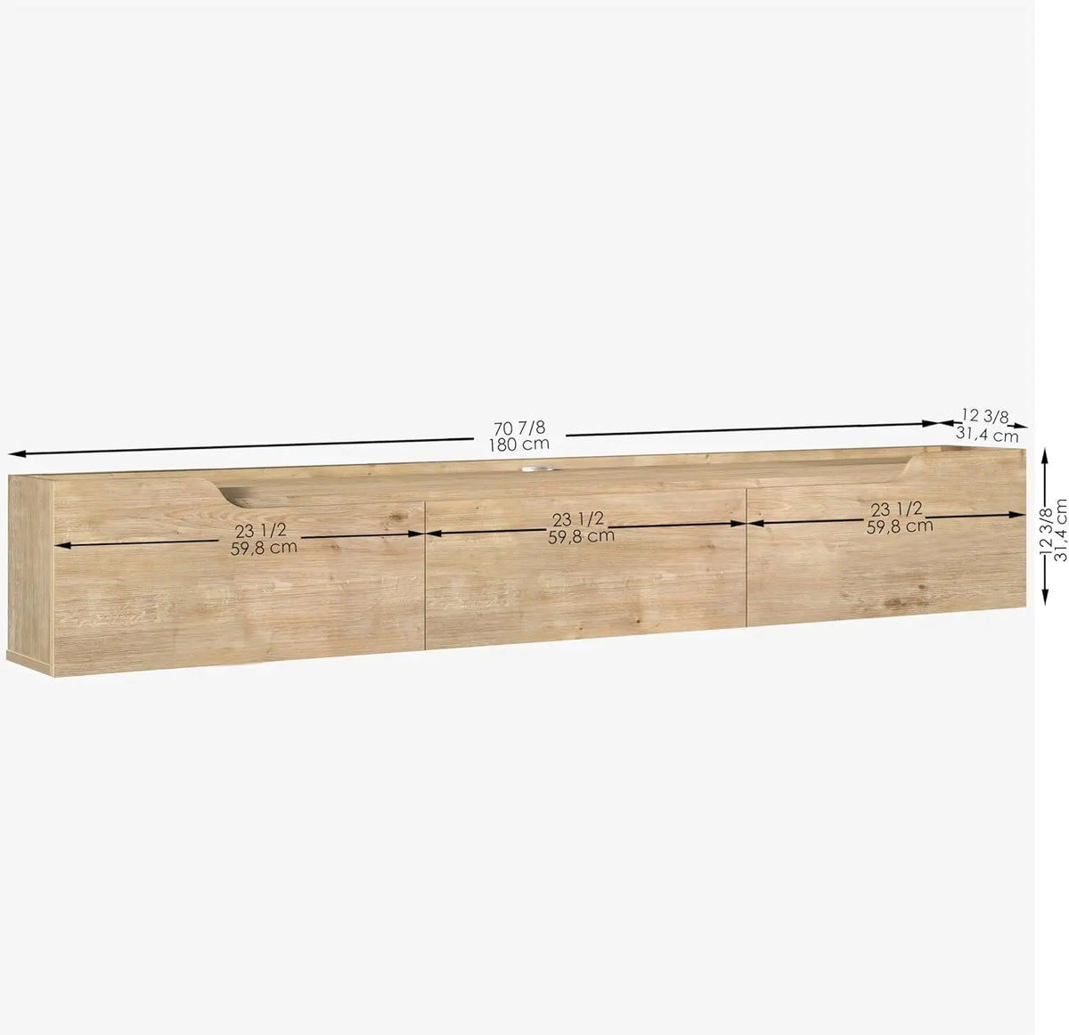 Floating wall-mounted TV stand with cable management in oak and white