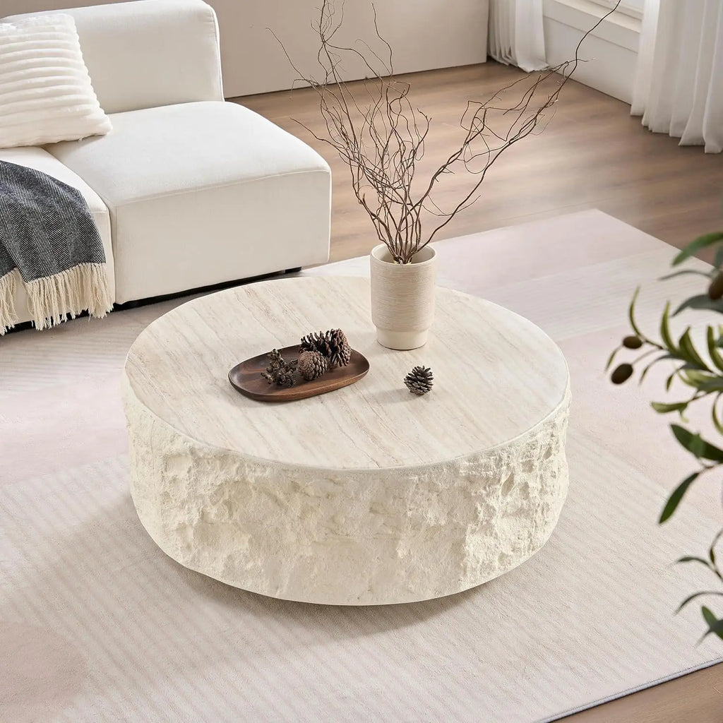 Round drum coffee table for apartment living rooms