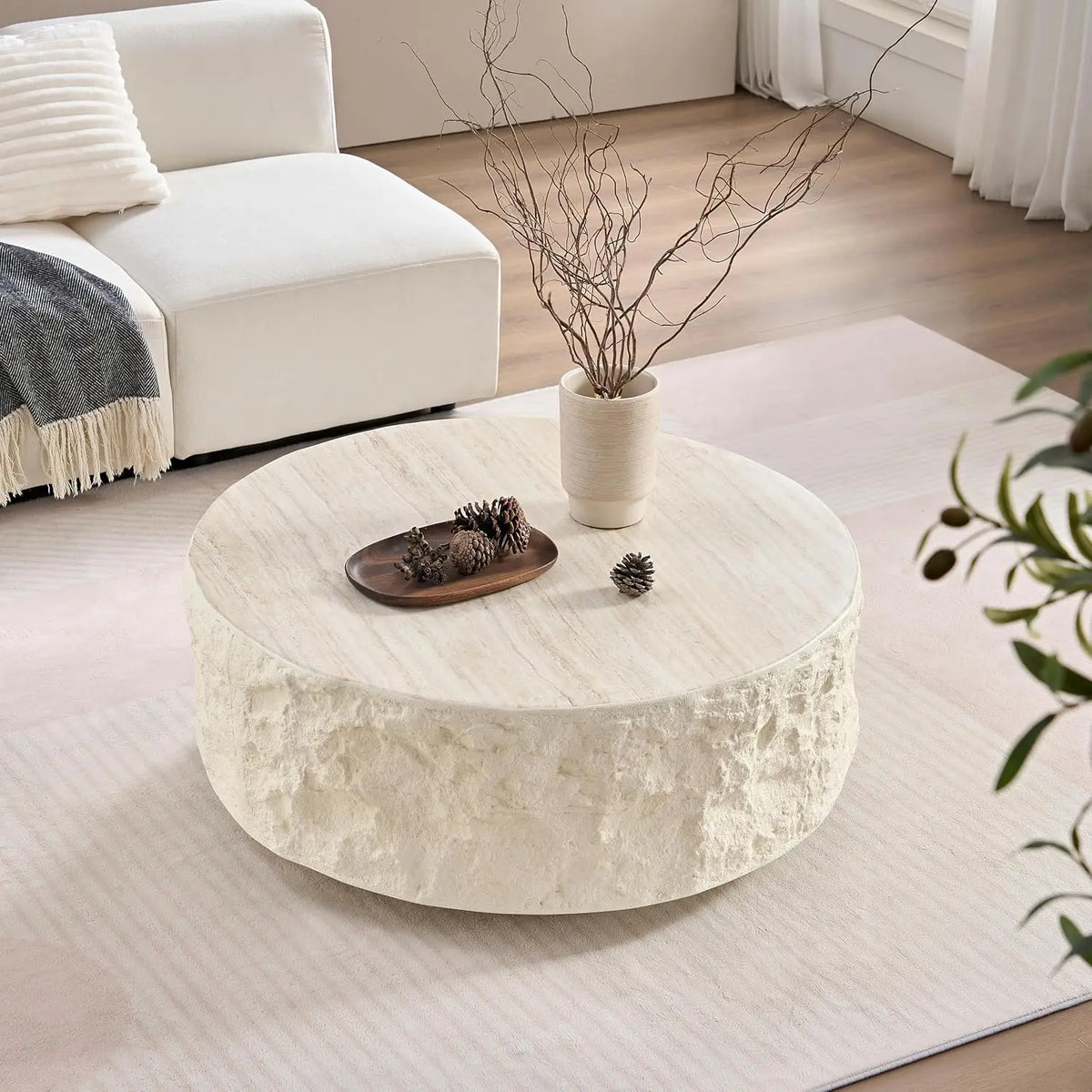 Round drum coffee table for apartment living rooms