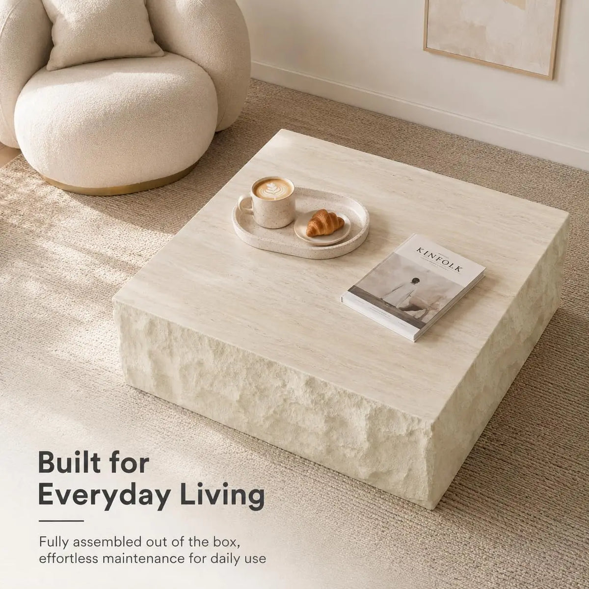 35.43" Square Faux Marble Travertine Coffee Table