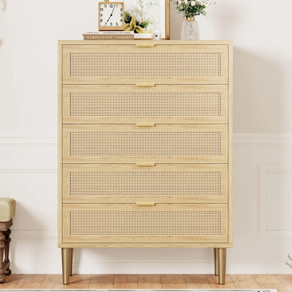 Modern Farmhouse Rattan 5-Drawer Dresser — Tall Narrow Chest