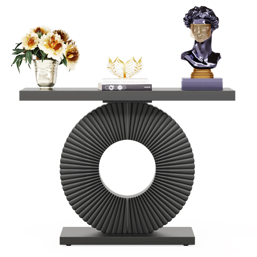 Wood console table with geometric base — alternate angle