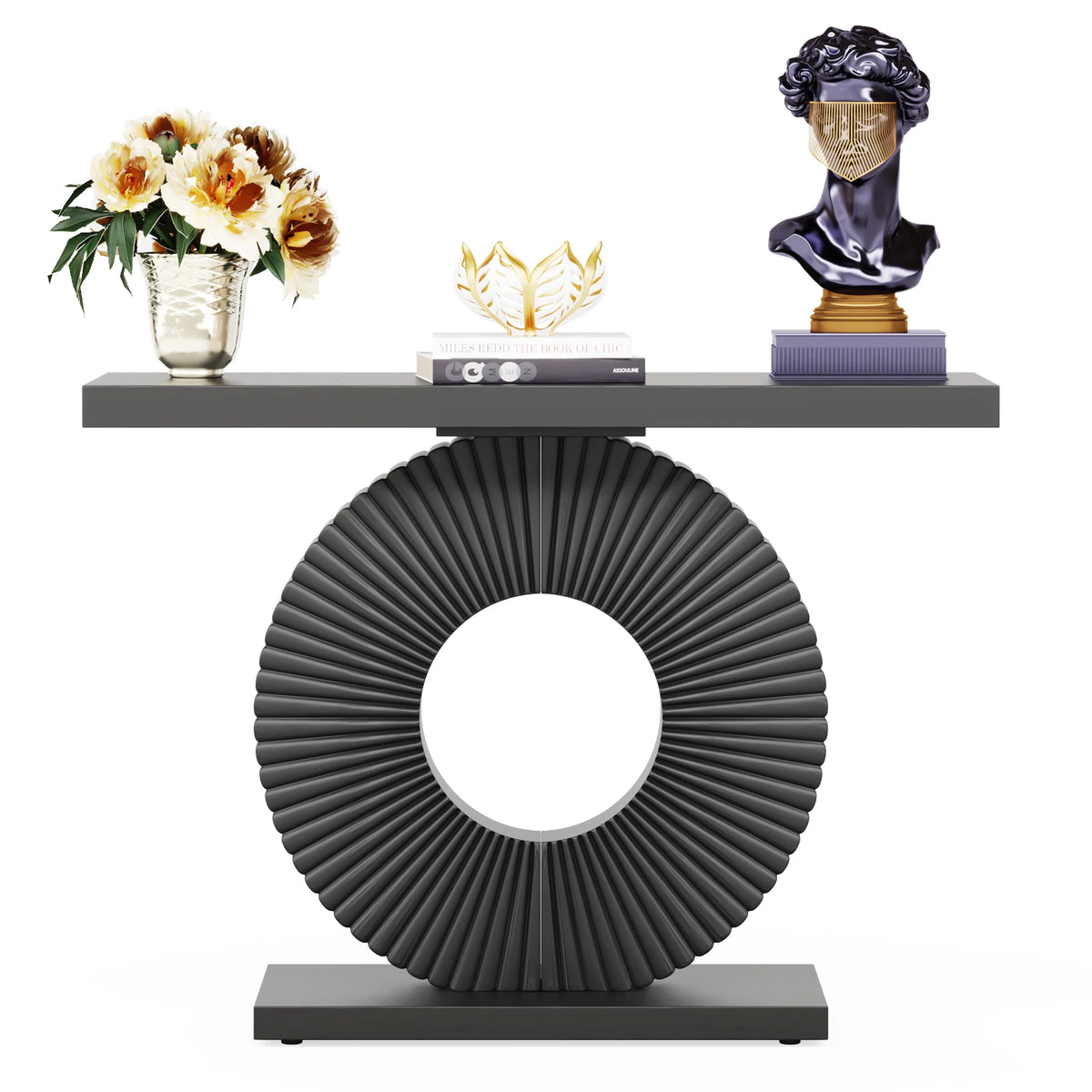 Wood console table with geometric base — alternate angle