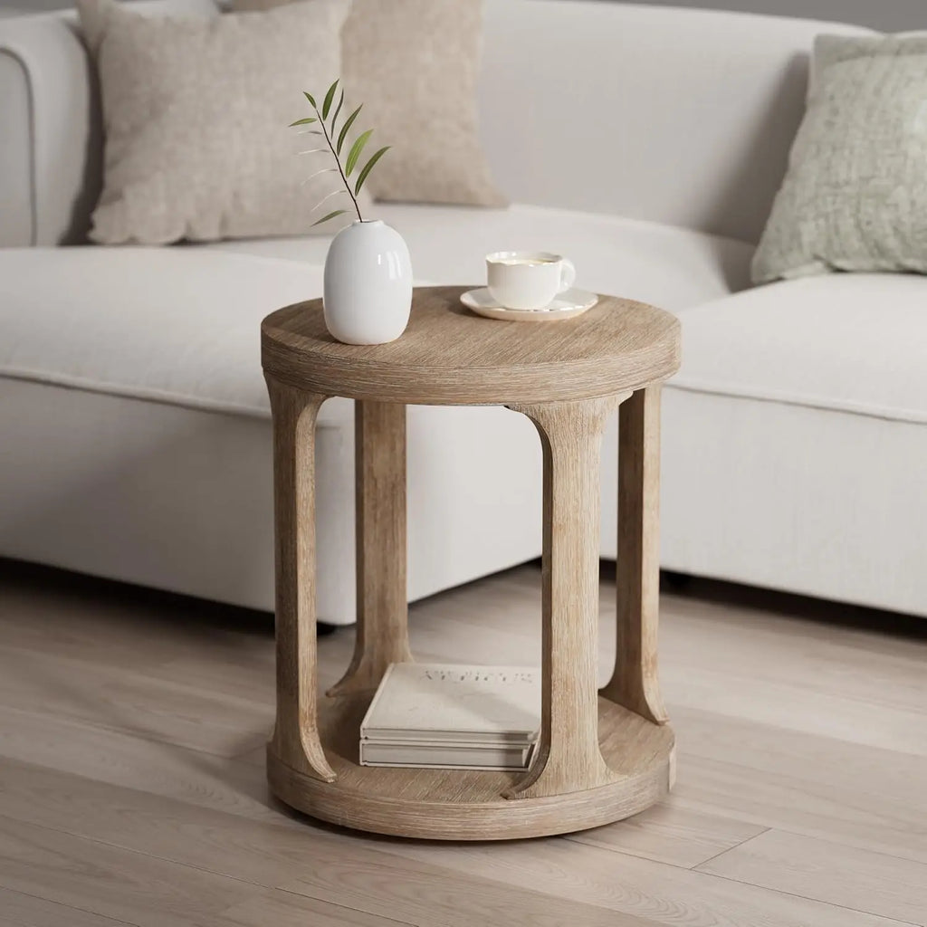 Farmhouse round pedestal end table in coastal wood grey finish