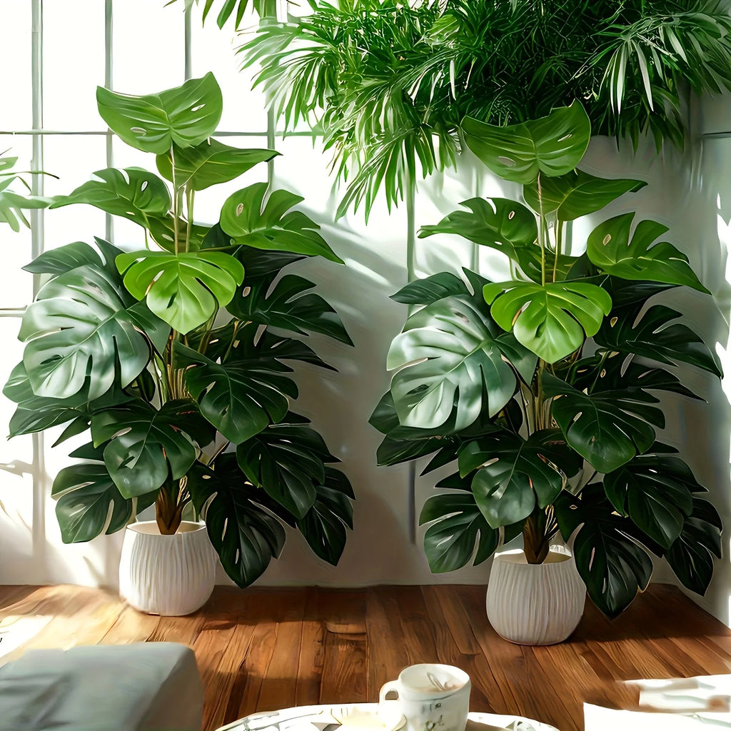Artificial Monstera Palm Tree Realistic Plastic Green Plant for Home Office Wedding Christmas Without Flower pots — close-up detail