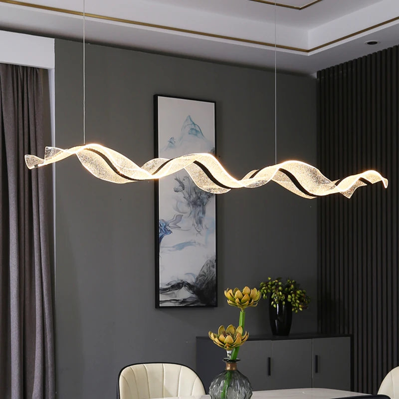 Organic Wave LED Pendant — Brass & Marble Statement Light
