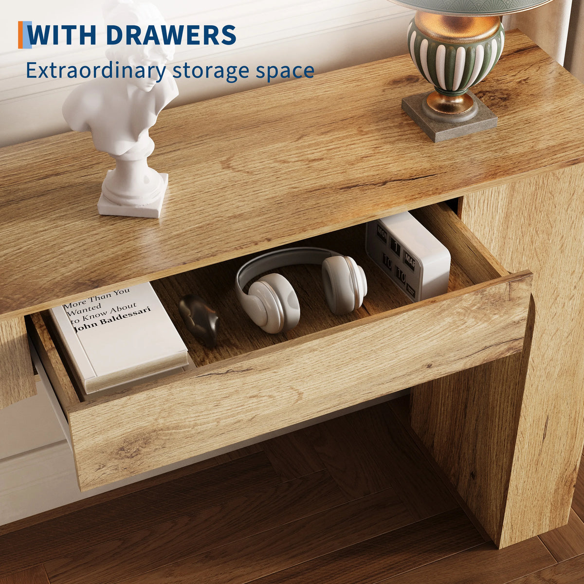 Wooden console table with drawer and industrial farmhouse styling