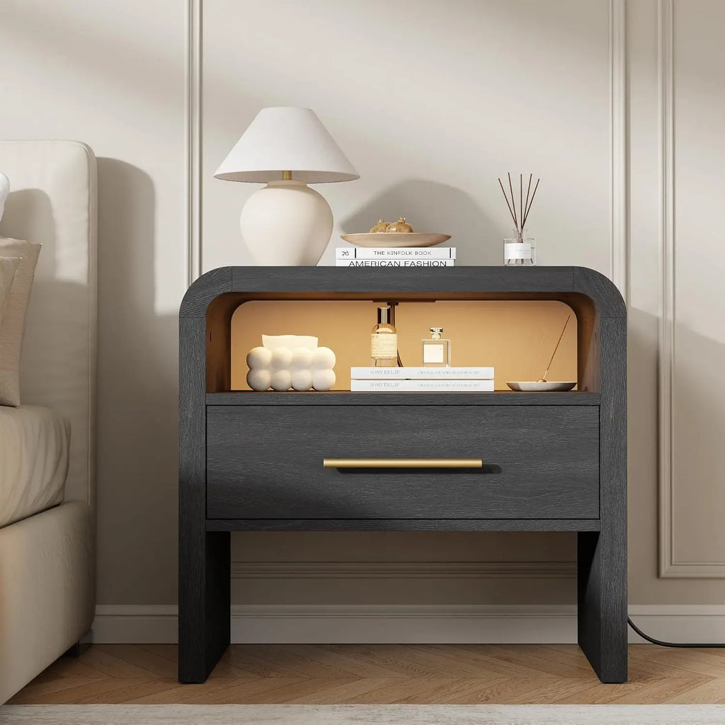 Curved Nightstand Set of 2 with Charging Station, 24"