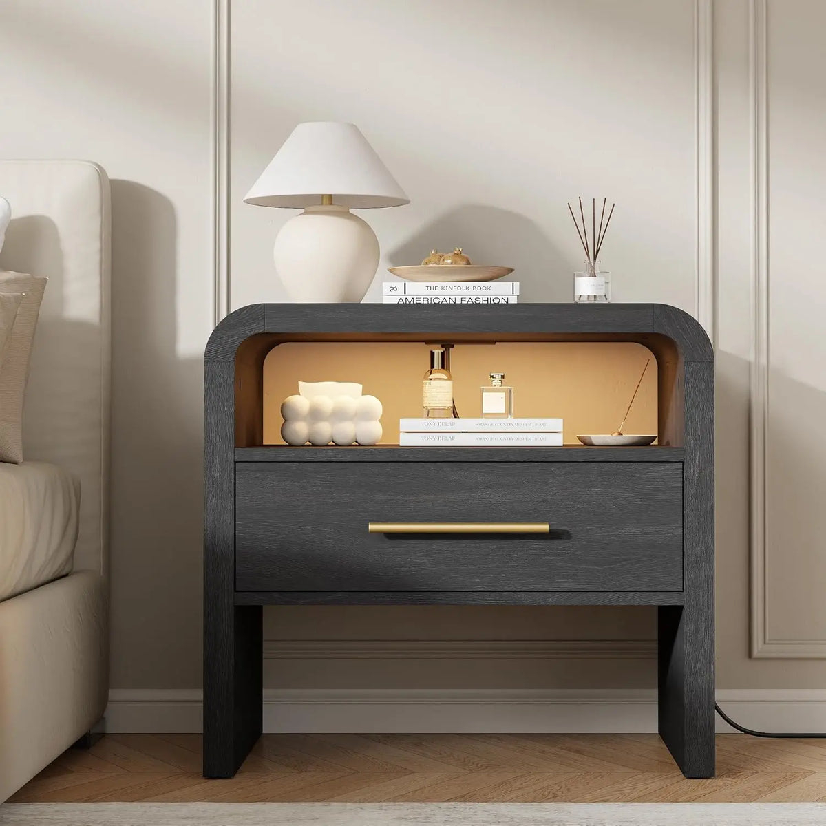 Curved Nightstand Set of 2 with Charging Station, 24"
